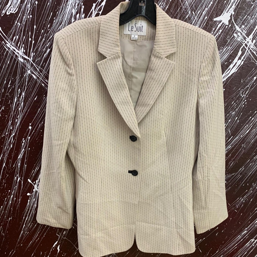Le Suit Vintage Pinstripe Blazer Padded Shoulder Cream Navy Blue Size 8